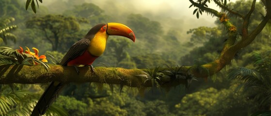   A vibrant bird atop a forest tree branch amidst lush greenery and numerous plants and trees