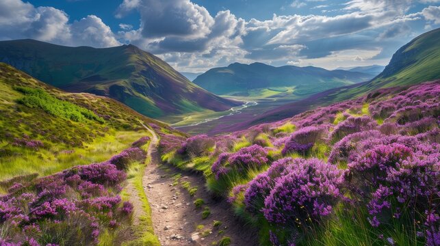 Colorful landscape scenery with a footpath through the hill slope covered by violet heather flowers and green valley, river, mountains and cloudy blue sky on background. Pentland hills, Scotland