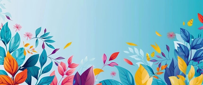   A vibrant scene of colored flowers and leaves against a calming blue backdrop Include text in bottom right corner