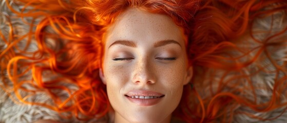   A woman with red hair reclines, her eyes closed, atop a fur-covered floor in a close-up shot