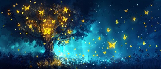   A tree painting with yellow butterflies on its leaves and a blue sky background - obrazy, fototapety, plakaty