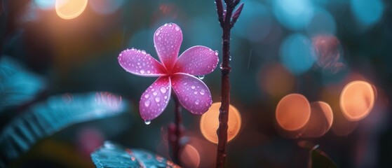   A pink flower with raindrops on its petals and a blurred backdrop or A close-up of a pink flower, raindrops on its petals, background - obrazy, fototapety, plakaty