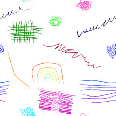Colorful children scribble drawing seamless pattern.  childish scribble drawing and hand drawn marker shapes background. - obrazy, fototapety, plakaty