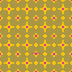 Vector, seamless, geometric, classic, symmetrical pattern of 70s style. Khaki circles and magenta rhombus stars on a yellow background.