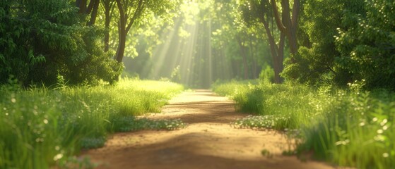   A dirt path in a forest, sunlit by beaming rays filtering through foliage above and verdant grass flanking either side - obrazy, fototapety, plakaty