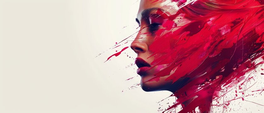   Close-up of a woman's face with red paint splatters against a clean white background