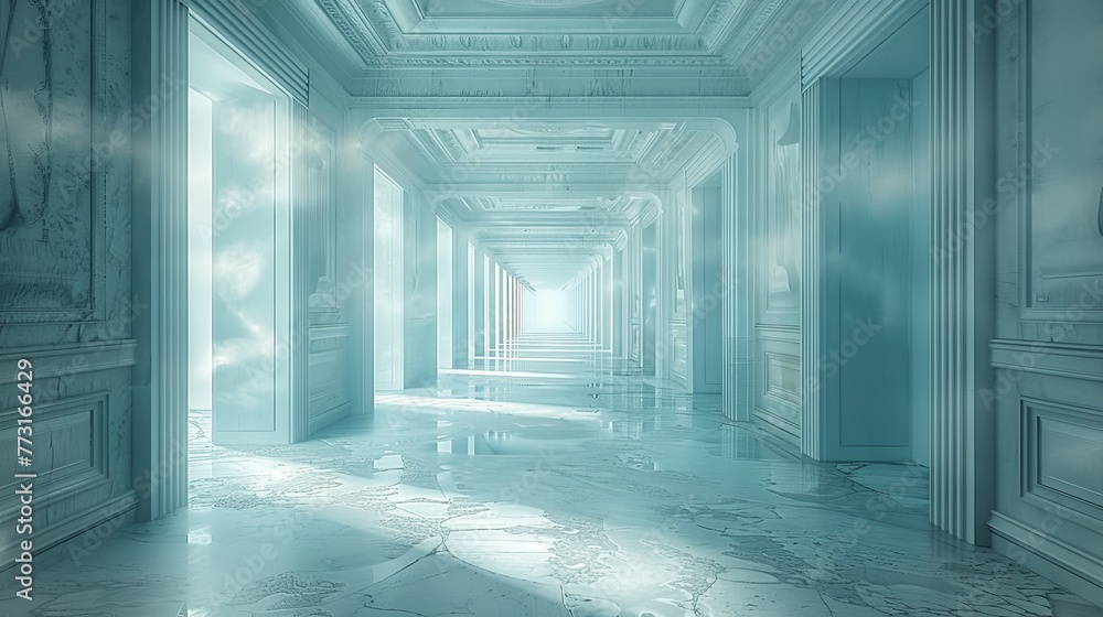 Poster surreal: a series of interconnected doorways floating in a void