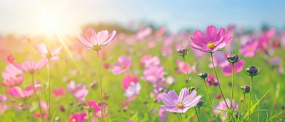   A field filled with pink flowers under a sunlit sky Sun rays filtering through, casting light on flowers in the foreground