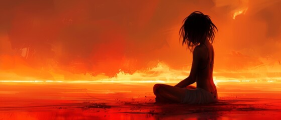   Woman seated on floor against orange-red backdrop, fire in sky behind - obrazy, fototapety, plakaty