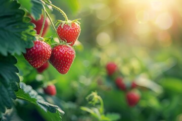   A tight shot of strawberries against a bush backdrop, with sunlight filtering through the leaves above