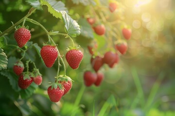   A tight shot of multiple strawberry clusters against a green backdrop Sun rays filter through leaves overhead