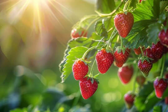   A tight shot of strawberries cluster on a tree, sun illuminating leaves behind