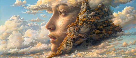   A woman's face before a towering mountain backdrop, framed by drifting clouds above