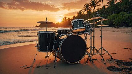 tranquil evening atmosphere of tropical sunset beach with drum kit against backdrop of orange sky and sound of music harmonizing with ocean waves and the relaxing nature of coastline. AI-generated - obrazy, fototapety, plakaty