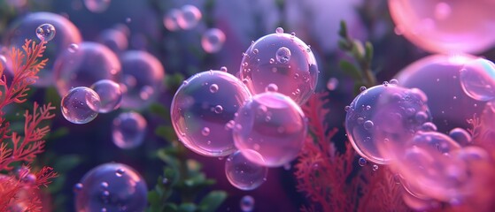   A collection of bubbles hovering above verdant grass, speckled with pink and red algae and corals - obrazy, fototapety, plakaty