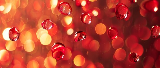   A tight shot of water drops on a windowpane against a backdrop of red and yellow lights - obrazy, fototapety, plakaty