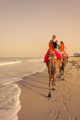 Touristes sur le dos de dromadaires près des vagues sur une plage de l'île de Djerba en Tunisie