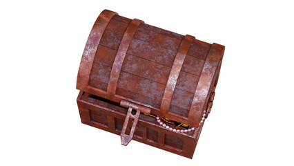 old wooden treasure chest box rusty metal edge full with treasure top view 3D rendering