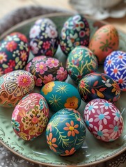 Fototapeta na wymiar Floral Painted Easter Eggs on Plate