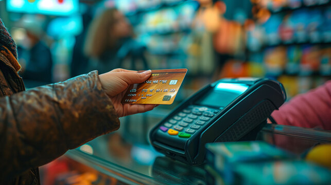 A hand holding a credit card to pay at a POS terminal. Concept of commerce and payment methods.