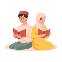 Muslim women and Muslim men pray. They read the Koran. Ramadan