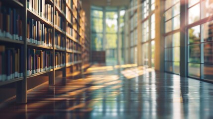Empty library interior, soft focus, warm sunlight, modern color palette. Blurred background of an empty library with bookshelves filled with books, representing knowledge and learning - obrazy, fototapety, plakaty