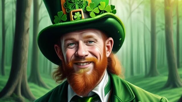 Leprechaun elf symbol of St. Patrick's Day. Character Irish leprechaun in green suit and green hat. Generative AI,