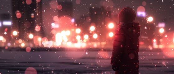   Person in snow, cityscape backdrop, lights aglow at night