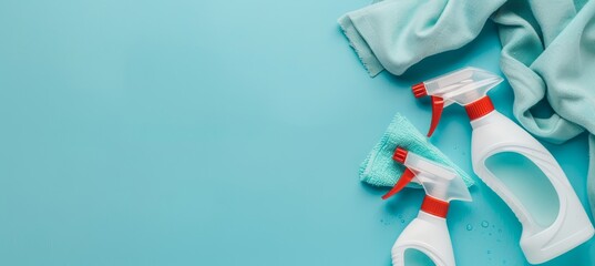   Two spray bottles atop a blue table, beside a blue towel and a red and white brush