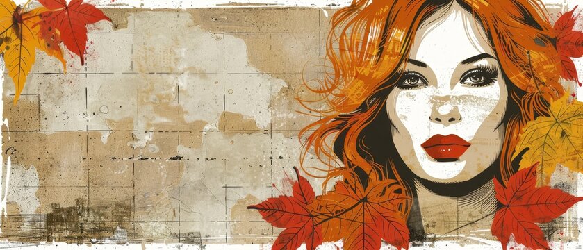   A painting of a woman with red hair and an orange leaf collar against a grungy background