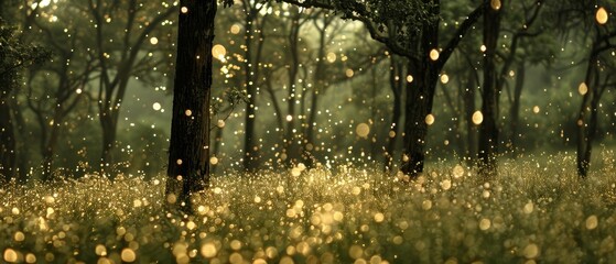   A forest teeming with numerous trees, bedecked in showers of ample yellow and white raindrops