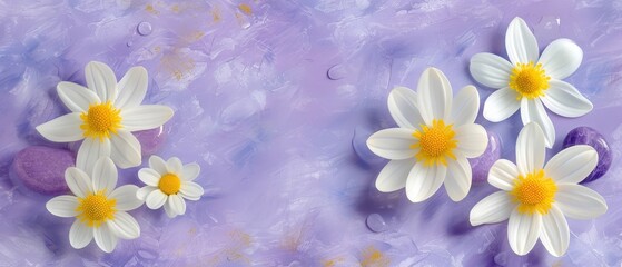   A collection of white and yellow blooms atop a purple and white backdrop, adorned with water droplets on their petals