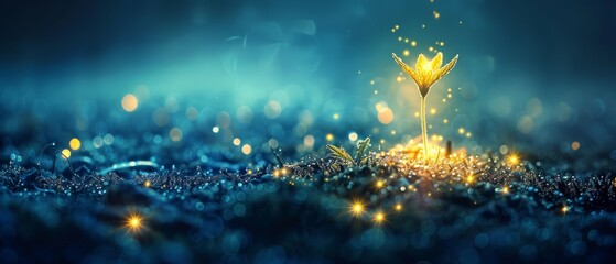   A golden background, adorned with a blue starburst, features a pile of gold coins topped with a radiant gold flower - obrazy, fototapety, plakaty