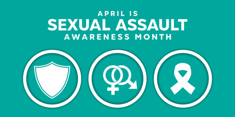 National Sexual Assault Awareness Month. Shield, gender icon and ribbon. Great for cards, banners, posters, social media and more. Easy blue background.