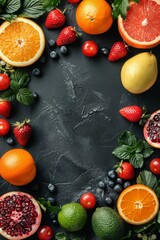 Top view with a mixture of fruits and berries on a black background. Fruit banner, copy space