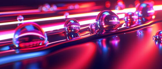   A tight shot of polished water faucets aligned in a row against a reflective surface Red and blue lights cast an ambient glow in the background - obrazy, fototapety, plakaty