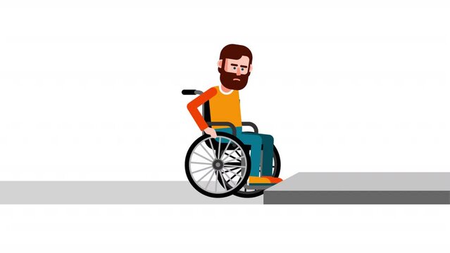 A person with disabilities in a wheelchair cannot cross the curb. Not an accessible environment for the disabled. Looped animation with alpha channel.
