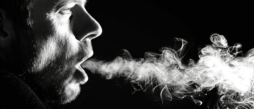   A monochrome image of a man's face with smoke curling from his mouth and a lit cigarette visible between his lips