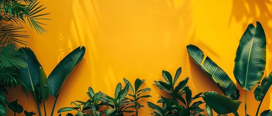   A yellow wall with verdant plants in front and a banana tree prominent within the greenery - obrazy, fototapety, plakaty
