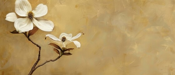   A painting of two white flowers in a vase against a brown and beige background, framed by a brown and white border