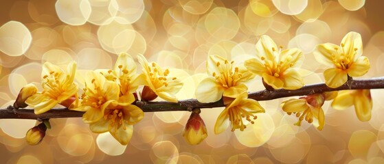   A branch bearing yellow flowers against a backdrop of soft background light