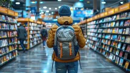A person with a backpack walking through the aisles of a library - obrazy, fototapety, plakaty