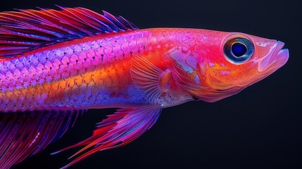   A red and blue fish in focus against a black backdrop, with water droplets adorning its side
