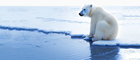   A polar bear sits on an ice float, gazing at the surrounding water and ice floes - obrazy, fototapety, plakaty