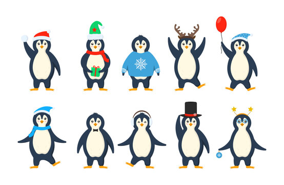 Set of adorable penguins wearing winter clothing and hats. Collection of funny cartoon arctic characters animals in outerwear. Postcard for New Year and Christmas. Image in cartoon flat style