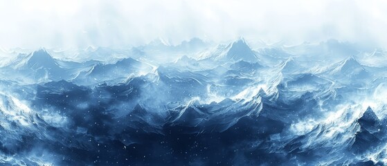  A digitally crafted image of a mountain range, depicted in hues of blue and white Snowflakes gracefully punctuate the foreground - obrazy, fototapety, plakaty