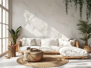 a cozy living room with natural lighting, Scandinavian and minimalistic