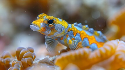   A tight shot of a yellow-blue fish with a pinecone atop its head