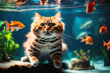 Ginger cat underwater diving in aquarium with a fish. Generative AI.  
