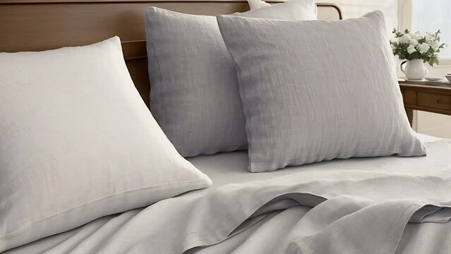 a bed with soft, gray linens and pillows, ideal for home decor advertisements or showcasing bedding products for quiet luxury lifestyle or travelling 